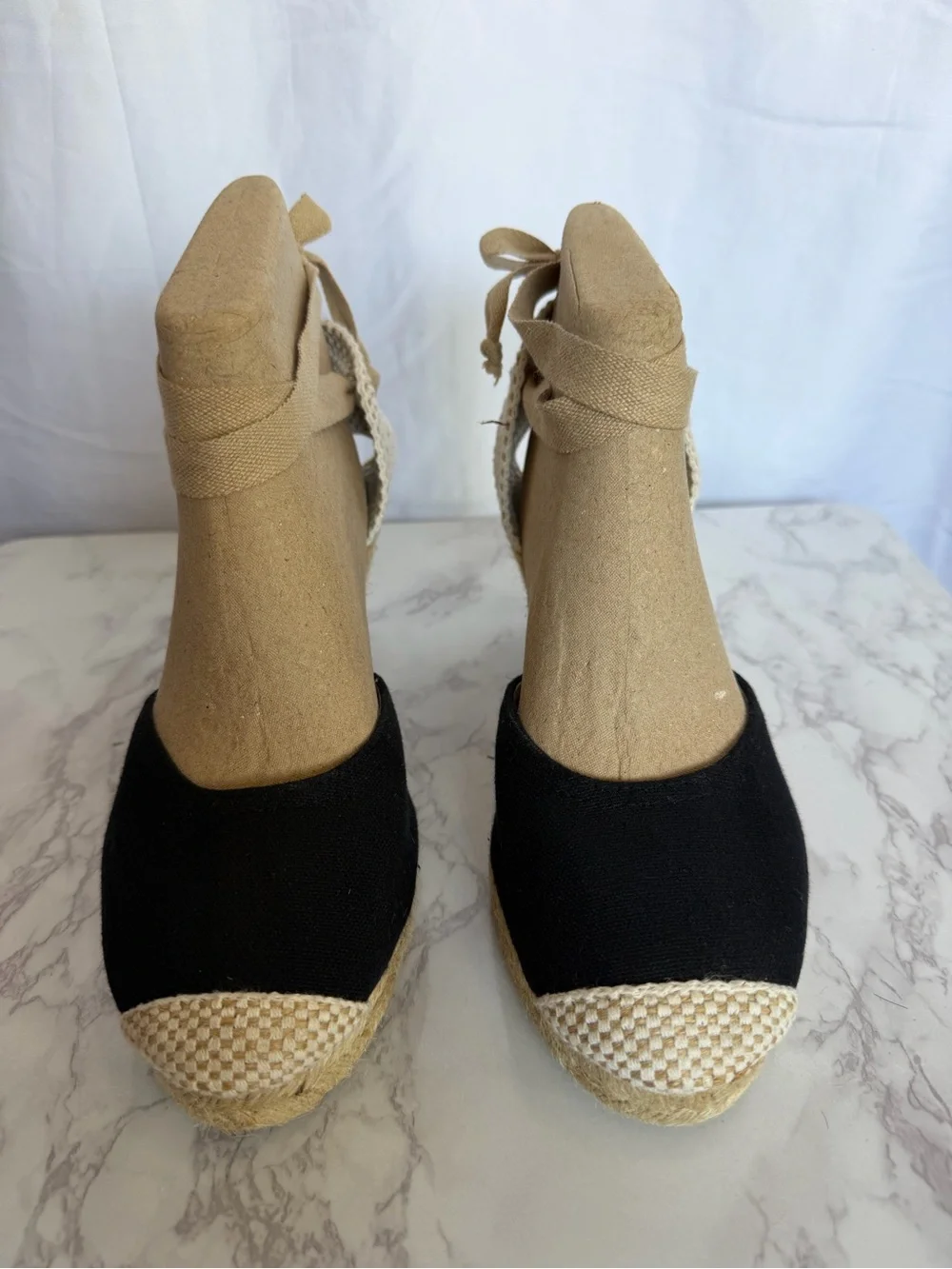 Women's Ankle-Tie Espadrille Wedges in Black and Tan